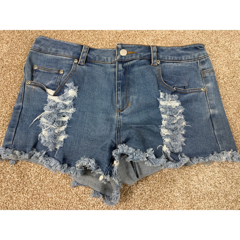 Sugar + Lip2 Womens Distressed Denim Shorts Medium Wash Blue Frayed Hem Size M